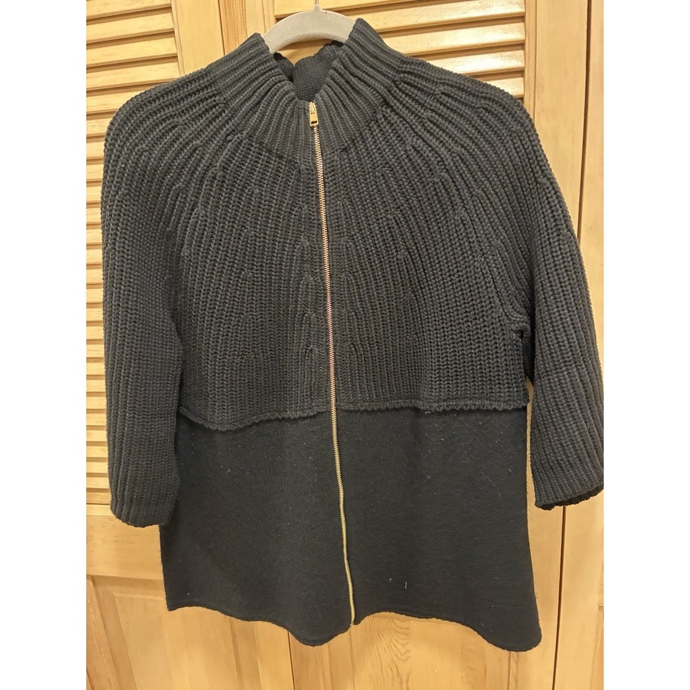 Chico's Sz 1 Black Knit Full Zip Mock Neck Sweater Cardigan Women's 3/4 Sleeve